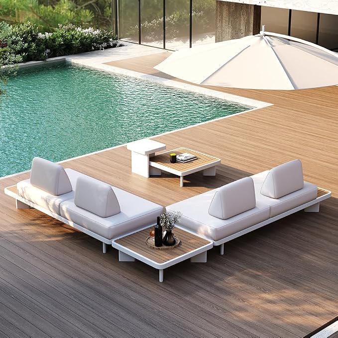 homary Modular Patio Sofa Set — Weather-Resistant Outdoor Conversation Set with Cushions, Configurable Design for Decks, Gardens, and Poolside, White, Without Umbrella