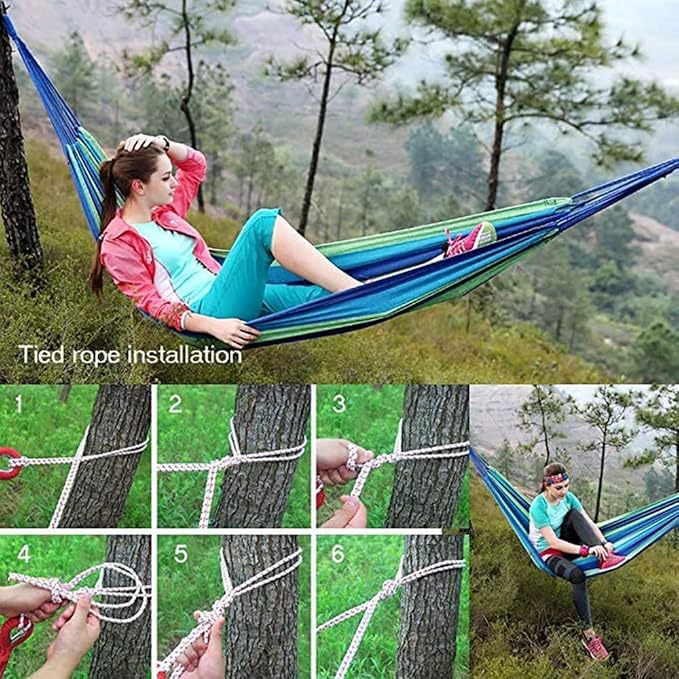 Portable Cotton Hammock, Suitable for Hanging Durable hammocks, Perfect for Camping Outdoor/Indoor Backyard, with Hanging Ropes and Carrying Bags (Blue, Large)