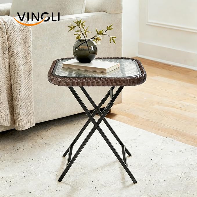 VINGLI 18in Modern Brown Rattan Folding Glass Outdoor Side Table, Small Patio Table with Tempered Glass Top,Rectangular,1 Pack