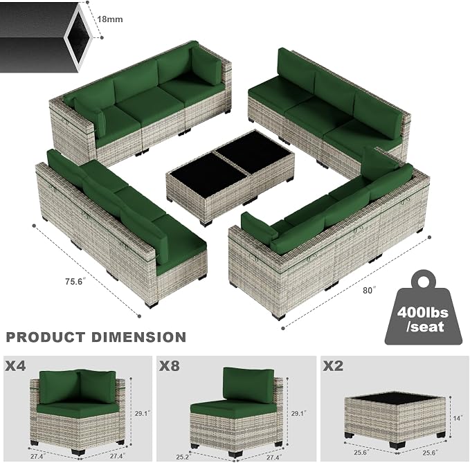 14-Piece Patio Furniture Set, Outdoor Sectional with Thick Cushions, Modular Patio Sofa, Dual-Strand Wicker Rattan, Rust-Resistant Frame, Backyard Furniture for Garden, Deck, Dark Green