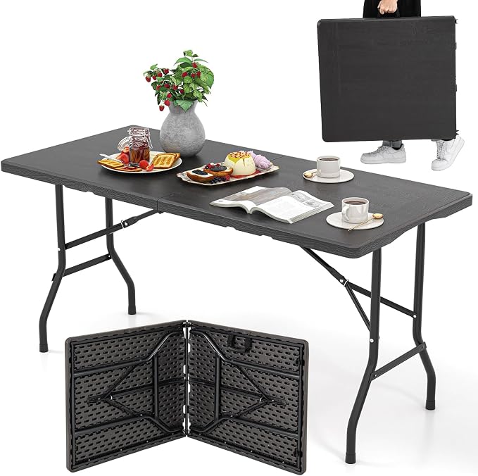 Tangkula 5FT Folding Table, Indoor Outdoor Foldable Plastic Table with HDPE Tabletop, Sturdy Metal Fame, Carrying Handle, 4-6 Person Picnic Table for Camping BBQ Party