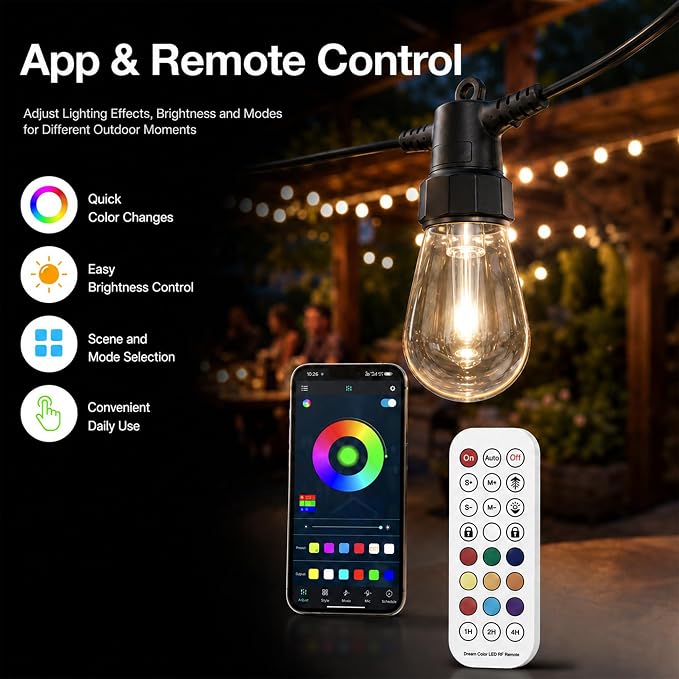 Outdoor String Lights 50FT, RGBW Patio Lights with App & Remote Control | 20 ST14 bulbs, RGBW color modes, app control, remote control, music mode, timer, backyard decor