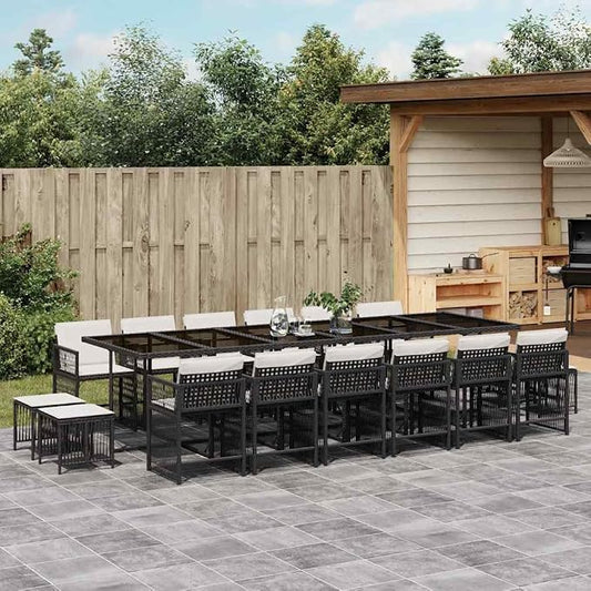 17-Piece Outdoor Dining Set, Poly Rattan Garden Table and Chairs for 16 People, Foldable Patio Furniture, Black and Cream White
