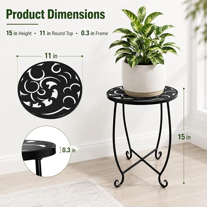 2 Pack 15 Inch Tall Plant Stands Outdoor Indoor, Metal Side Tables for Patio, Weather Resistant Flower Pot Racks with Swirl Pattern, Black End Table Set for Garden Balcony