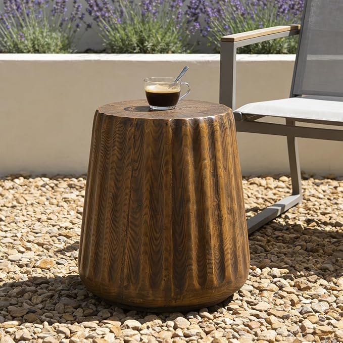 Outdoor Side Table Round Concrete Side Table Faux Marble End Tables Cement Accent Tables Patio Garden Stool Plant Stand for Porch, Backyard Balcony,11.22",Barrel, Brown
