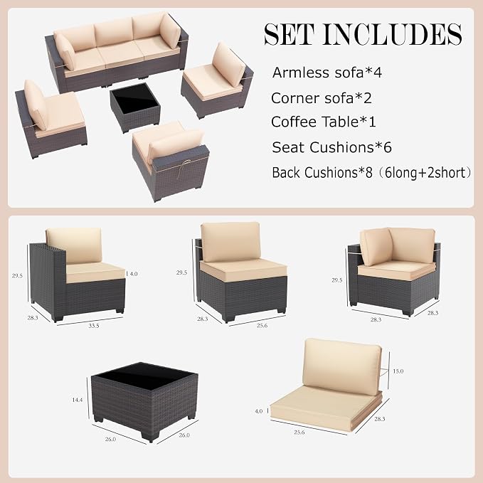 Gotland 7 Pieces Patio Furniture Set with 4’’ Thick Cushions, All-Weather PE Rattan Patio Set with 29.5'' High Backrest, Outdoor Furniture with Coffee Table for Porch Deck Garden Khaki