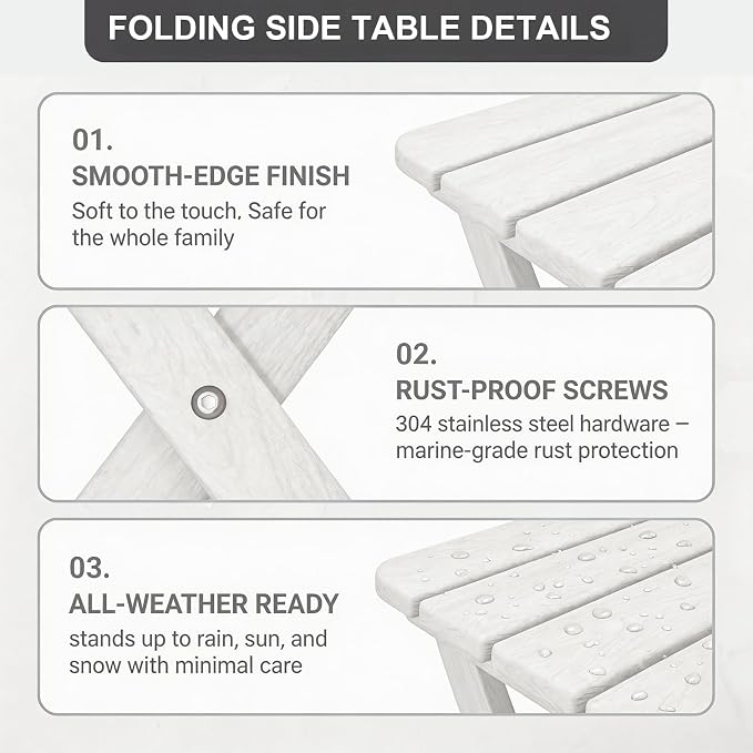 Folding Outdoor Side Table,Small HDPE Patio Table,All-Weather Compact Portable End Table for Patio,Porch,Pool,White,11.8" D x 15.7" W x 15.7" H