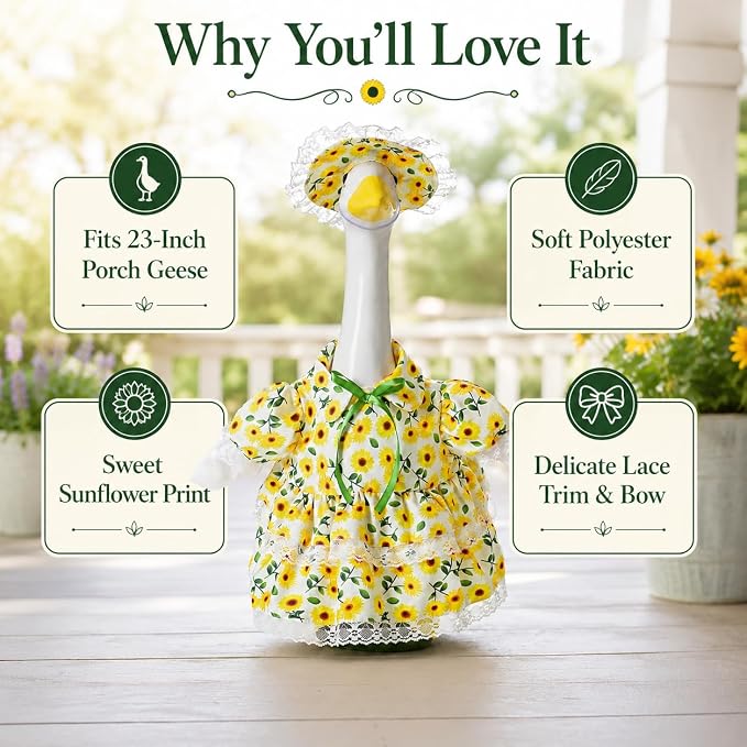 Spring Summer Porch Goose Outfit for 23 Inch Goose Statue, Sunflower Porch Goose Clothes with Lace Trim and Matching Hat, Cute Goose Statue Clothes for Outdoor Yard Lawn Patio Garden Decor