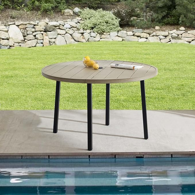 47" Round Patio Table with Umbrella Hole, Metal Outdoor Dining Table for Garden, Backyard and Deck, 6 Person Round Patio Dining Table for Outside, Honey Oak