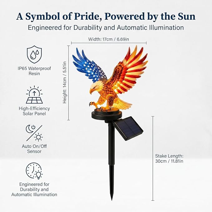Solar Eagle Garden Light, Outdoor Patriotic Stake 250th Anniversary America Eagle Sculpture Waterproof Light for Fourth of July Memorial Day Yard Lawn Pathway Decor 1 Pack
