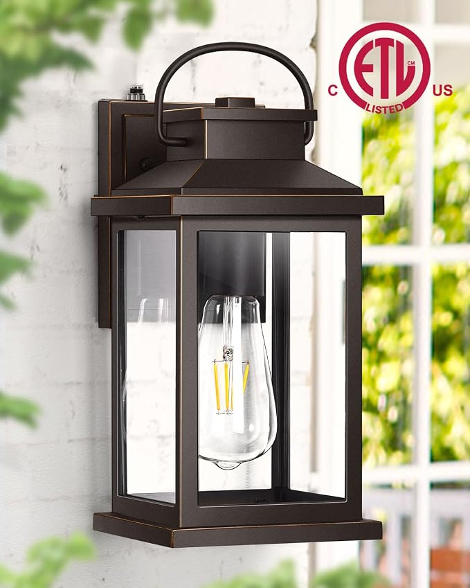 VIANIS Dusk to Dawn Outdoor Light Fixtures Wall Mount, Farmhouse Oil Rubbed Bronze Exterior Wall Sconce Lanterns Lighting for House, Waterproof Outside Front Door Light with Tempered Glass for Porch | Farmhouse ORB Gold Trim Exterior Wall Sconce Lanter...