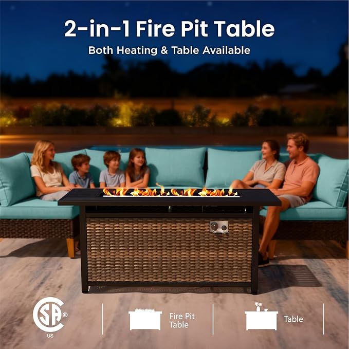 PHI VILLA Wicker Patio Furniture Set with Swivel Chairs, 9 Pieces Half Moon Outdoor Conversations Set with 56" Fire Pit Table, Oversized Rattan Patio Sectional Sofa with Ottoman, Aqua Blue Cushion