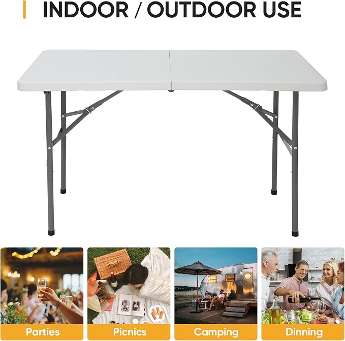 JupiterForce 4ft Folding Table, Indoor Outdoor Portable Plastic Picnic Table, Heavy Duty Rectangular Party Camping Dining Table with Carrying Handle, White