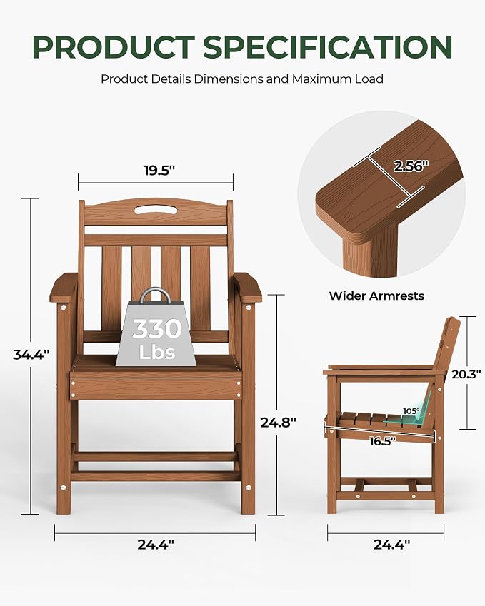 Outdoor Patio Dining, All-Weather HDPE Chair Fade-Resistant, and Low Maintenance for Backyard, Garden, or Patio, Teak