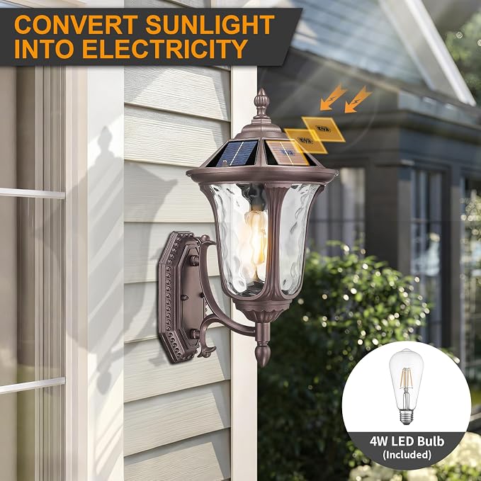 Outdoor Light Fixtures Wall Mount Dusk to Dawn Solar Exterior Wall Sconce Lanterns Remote Control with Water Ripple Glass Lamp Shade for Patio Yard House Hallway, 17'' Medium ORB Color