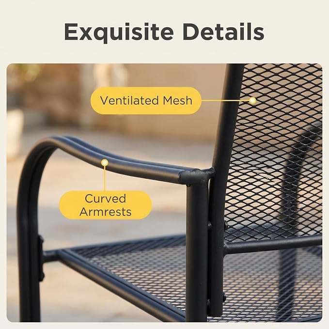 5Piece Outdoor Dining Set, Patio Dining Table Set for 4, 42" Mesh Round Table with 4 Black Metal Mesh Outdoor Dining Chairs with Armrest for Lawn, Garden, or Porch
