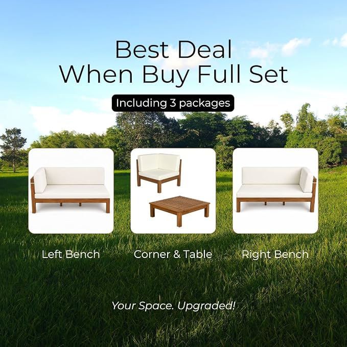 Acacia Wood Outdoor Sectional Sofa Set, 4-Piece L-Shaped Patio Furniture with Cushions, Double-Length Benches, Corner Seat & Coffee Table, Weather-Resistant Indoor/Outdoor - Farmhouse Scandinavian