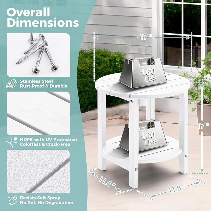 Outdoor Side Table, Adirondack Round 2-Tier Patio Table, Easy Maintenance & Weather Resistant, HDPE End Table for Backyard, Pool, Patio, Porch, White