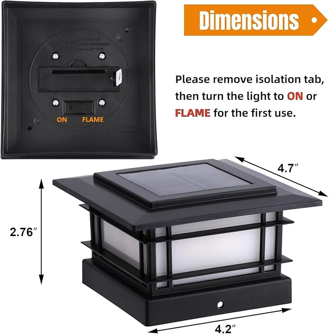 Dynaming 4x4 Solar Post Cap Lights Outdoor with Flickering Flame Light, 2 Pack Black Shell Fence Post Solar Lights Fit 4x4 Vinyl/Wooden Posts, Brightness LED Lighting Decor for Garden Deck Patio