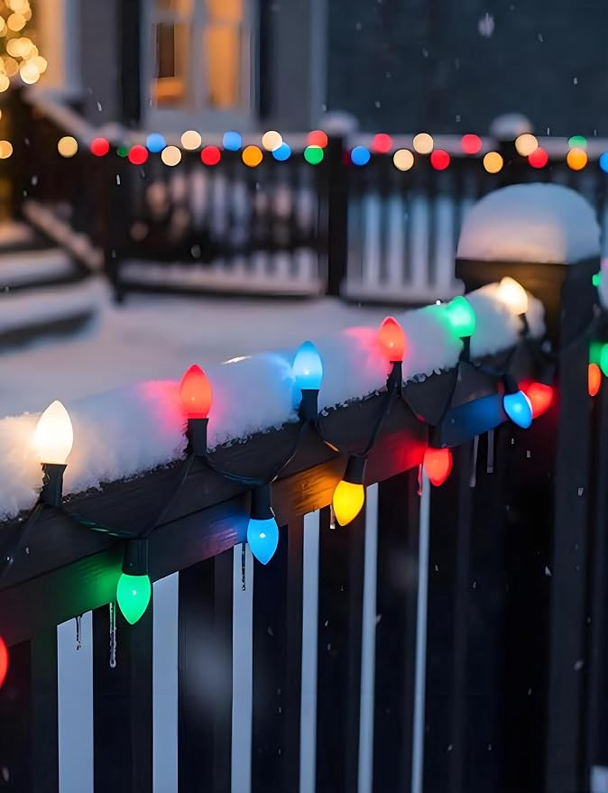 C7 LED Multicolor Christmas Lights, 26Ft Vintage Outdoor Christmas String Lights with 27 Colorful Ceramic LED Bulbs, Connectable Hanging Lights for Holiday Party Backyard Roofline House Xmas Decor