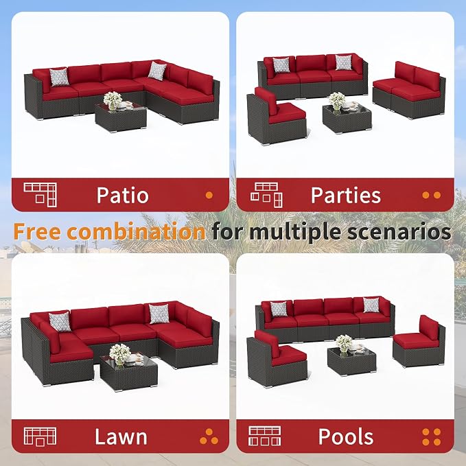 Oakcloud 7-Piece Outdoor Patio Furniture Black Rattan Wicker Sectional Sofa Conversation Set with Glass Top Table and Cushions (Red)