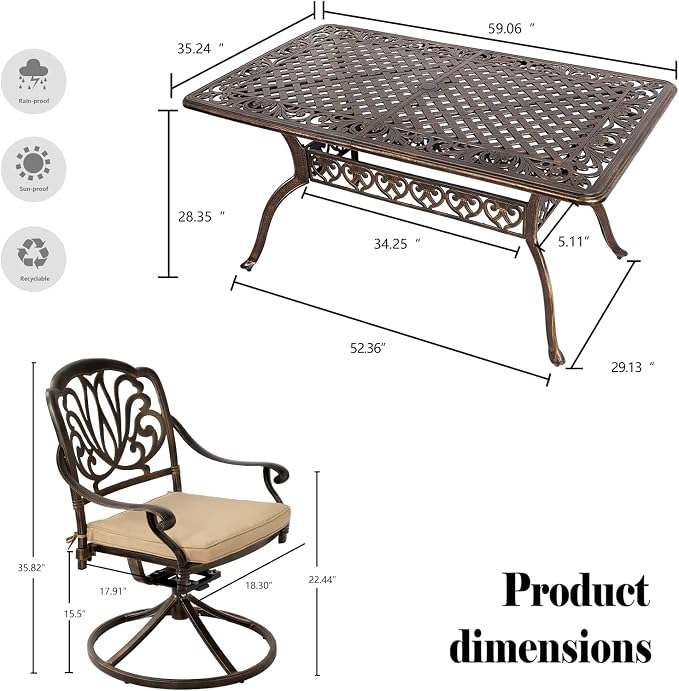 TITIMO 7-Piece Cast Aluminum Patio Dining Set, Outdoor Dining Furniture Patio Conversation Set, Rectangular Table w/Umbrella Hole for Backyard Deck (Khaki-Swivel Elizabeth Chair, 7 Pcs)