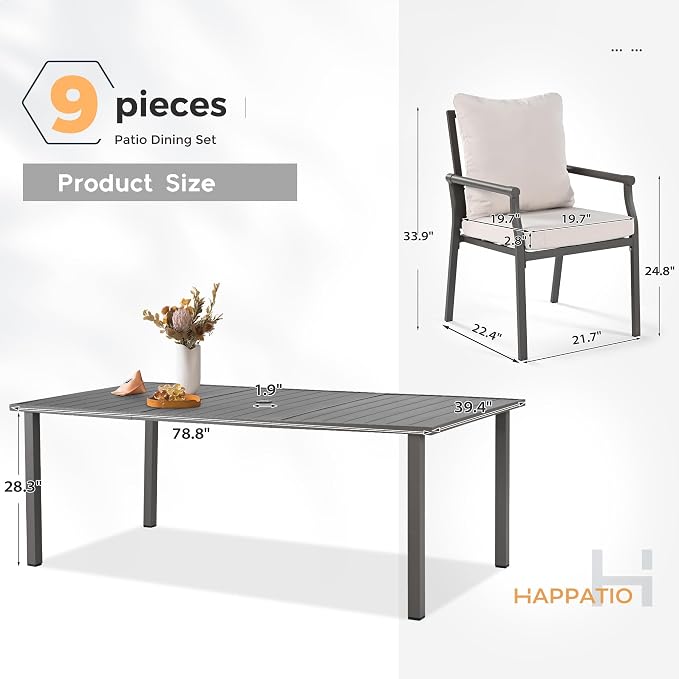 HAPPATIO Patio Dining Set, Metal Outdoor Table and Chairs Set for 8, Powder-Coated Metal Chairs with Thickened Cushions, 60" Rectangular Table with 1.5" Umbrella Hole for Deck Yard Lawn
