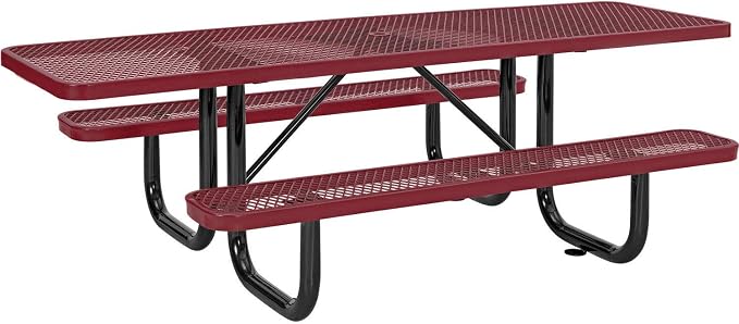 Global Industrial 8'L Rectangular Picnic Table, ADA Compliant, Expanded Metal, Red Thermoplastic Coating, Attached Benches, 1-1/2” Umbrella Pole Hole, Outdoor-Rated