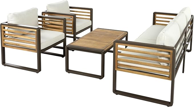 Large 4-Piece Outdoor Patio Sofa Set for 5 People,Garden Conversation Set with Removable Cushions,Metal & Wood Frame,Acacia Wood Tabletop,Modern Minimalist Design,Waterproof and UV-Proof, Beige Brown