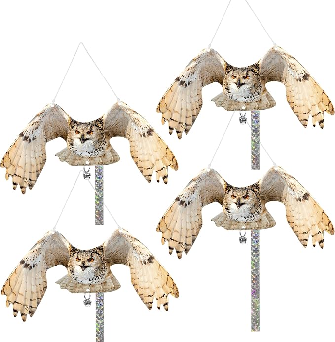 Owls to Keep Birds Away: 4Pcs Fake Owl with Reflective Tape for Garden Patio, Reflective Hanging Decoration to Keep Birds Pigeon from Windows Tree