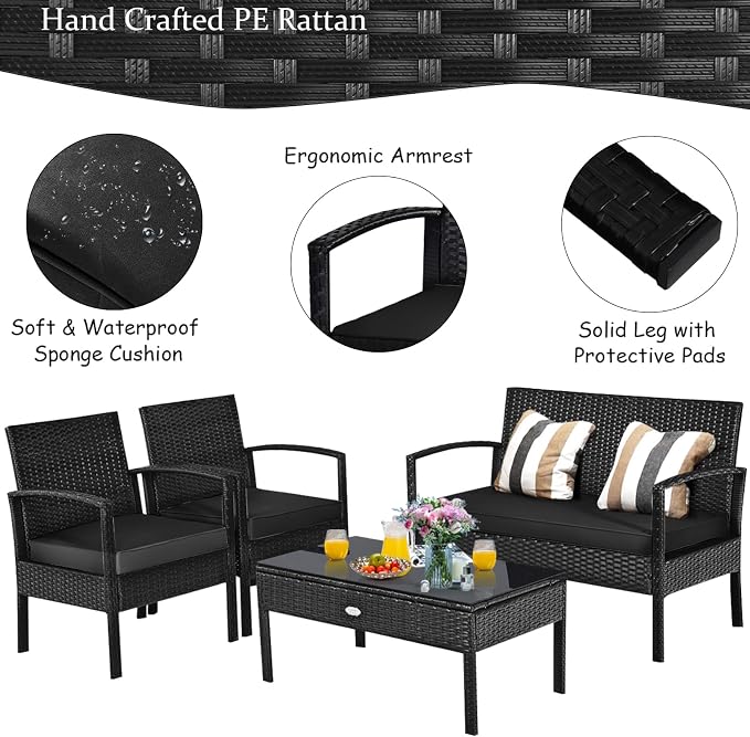 HAPPYGRILL 4-Piece Patio Conversation Set Outdoor Rattan Wicker Sofa & Coffee Table Furniture Set for Patio Garden Poolside