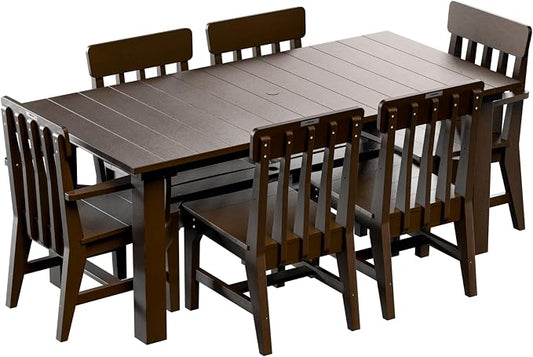 Breeo X Series 7pc Dining Table - 35"x72" Dining Table 6, 2 Arm Chairs, & 2 Side Chairs - Outdoor Patio Furniture Set - Weather-Proof Patio Sets for Outdoor, Backyard, Outside - Brazilian Walnut