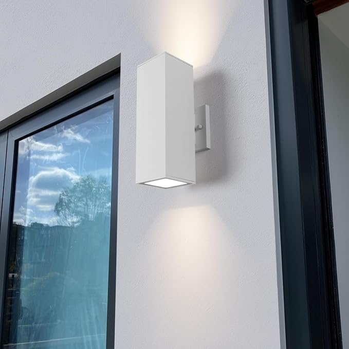 mirrea 12" Modern Outdoor Porch Light in 2 Lights, Matte White, 2 Pack | Patio wall sconce, aluminum rectangular tube, tempered glass, waterproof. Up & down lighting for outdoor wall mount fixture.