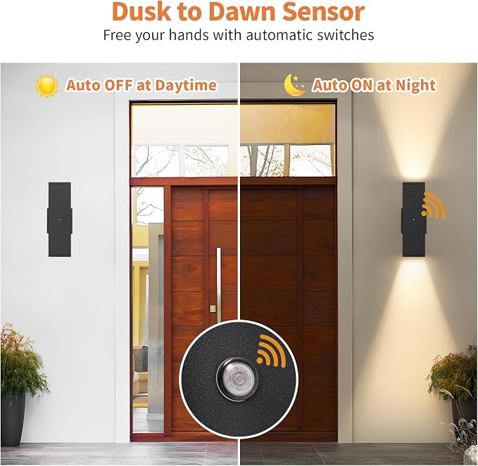1 Pack Dusk to Dawn Outdoor Lighting, LED Square Up and Down Outdoor Sconce Lights, Matte Black Exterior Lighting Fixtures with 7W LED Bulbs, Front Porch Lights for house, Garage, Patio, Doorway
