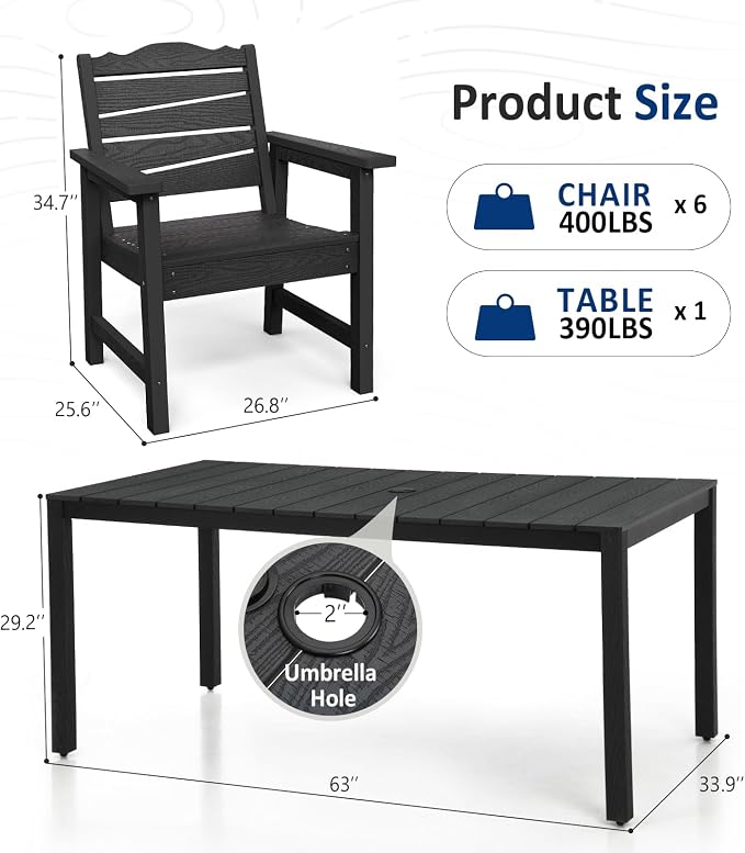 7-Piece Patio Dining Set, 63" Outdoor Dining Rectangle Table w/Aluminum Frame and 6 Chairs, Weatherproof HIPS Dining Furniture with Umbrella Hole, for Backyard Garden Deck Poolside, Black