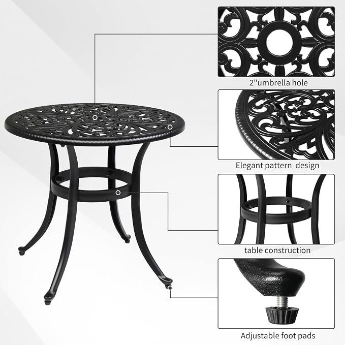 Outdoor Round Side Table with Classical Floral Design, 23.6” Aluminum Round Patio Table for Indoor & Outdoor Use, (Black)
