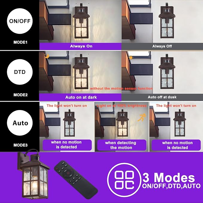 Porch Lights Outdoor with Remote, Motion Sensor Exterior Lighting Fixtures | 2 Pack Intelligent Outdoor Wall Lights, 4 Lighting Modes Outdoor Sconce Lights for House Patio Front Door Garage