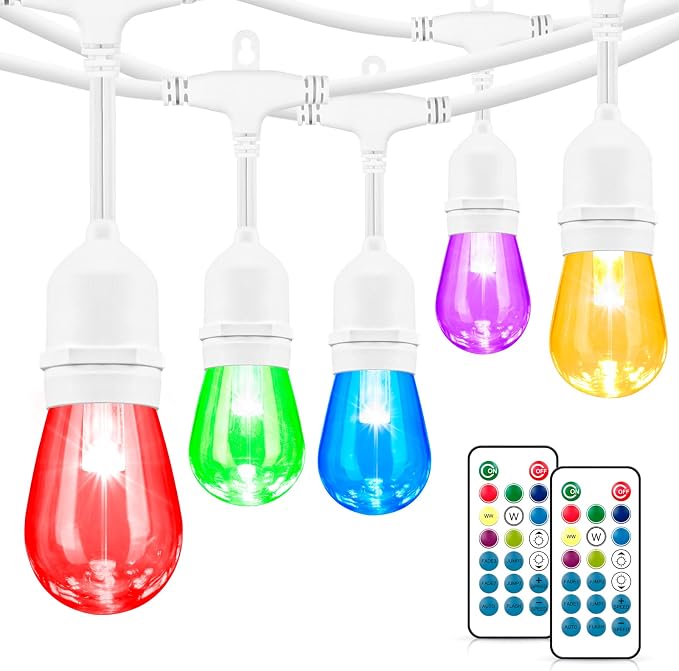 Multicolor 48FT LED Outdoor Patio String Lights with Remote, White | Plug in, 8 Lighting Modes, 15+2 S14 RGB Edison Bulbs, Dimmable, Shatterproof, Waterproof, Linkable, for Wedding Birthday Yard