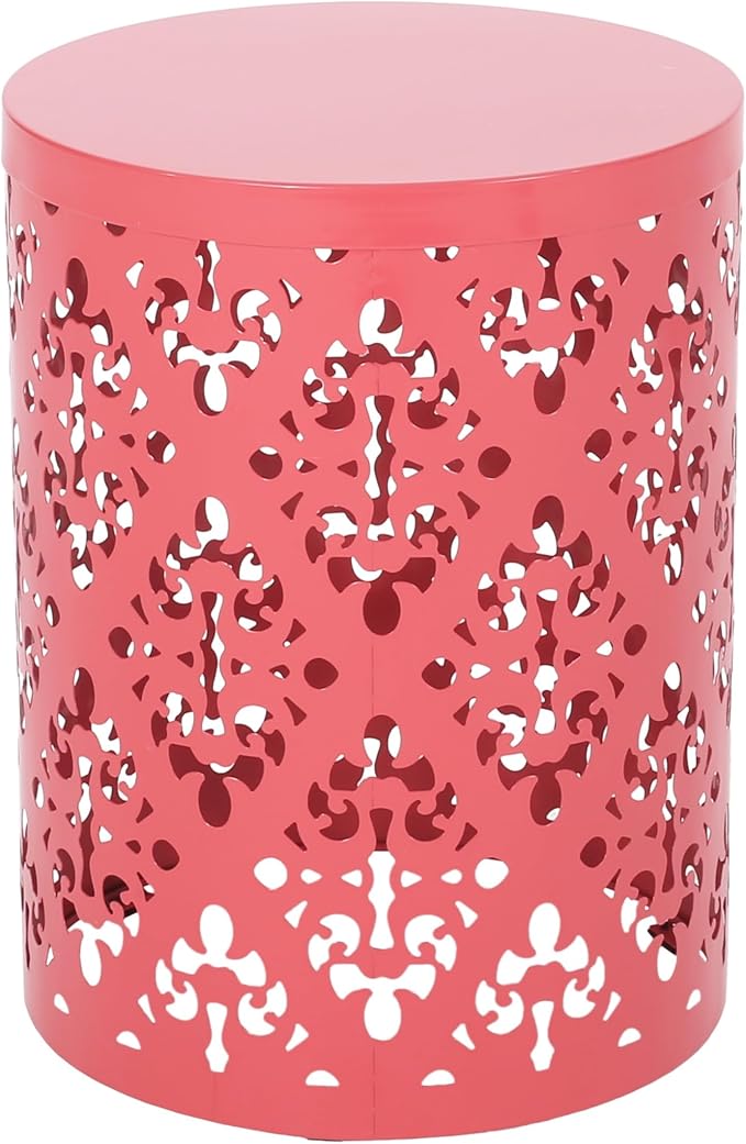 Benzara Kemo Outdoor End Table, Round 14 Inch, Cutout Design, Dark Peach Iron