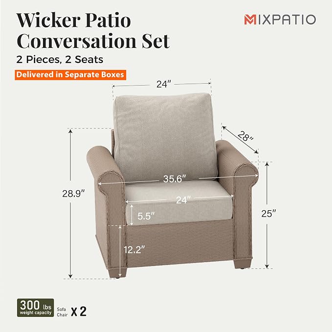 MIXPATIO Patio Furniture Set 2 pcs, Wicker Outdoor Patio Furniture, 2 Single Chairs, Rattan Patio Conversation Set for Backyard Deck, Beige