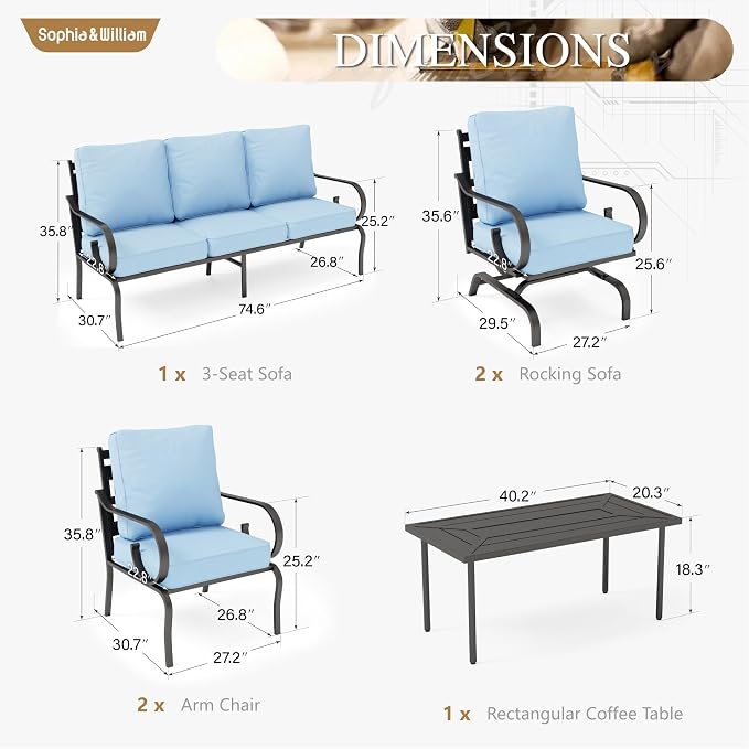 Sophia & William Patio Conversation Set for 7, 3-Seater Sofa, 2 Fixed Chairs, 2 Rocking Chairs and a Coffee Table, Metal Outdoor Furniture with 5.75" Extra Thick Cushions, Blue