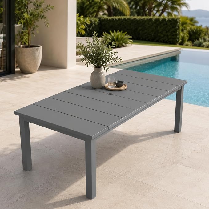 75.2" HDPE Outdoor Dining Table for 4-6 People, Rectangular Patio Dining Table with Umbrella Hole, All Weather Patio Dining Outdoor Table for Deck, Backyard and Garden, Gray