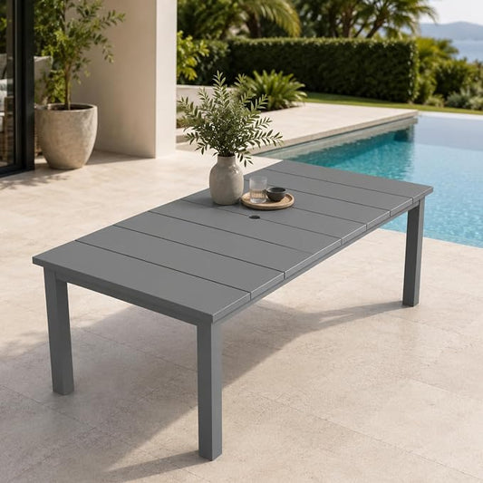 75.2" HDPE Outdoor Dining Table for 4-6 People, Rectangular Patio Dining Table with Umbrella Hole, All Weather Patio Dining Outdoor Table for Deck, Backyard and Garden, Gray