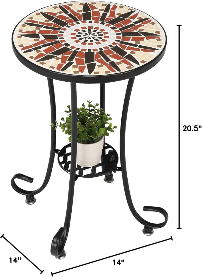 VINGLI Mosaic Outdoor Side Table, 14" Round End Table, Accent Table, Ceramic Tile Top Black Iron,Brown Flower
