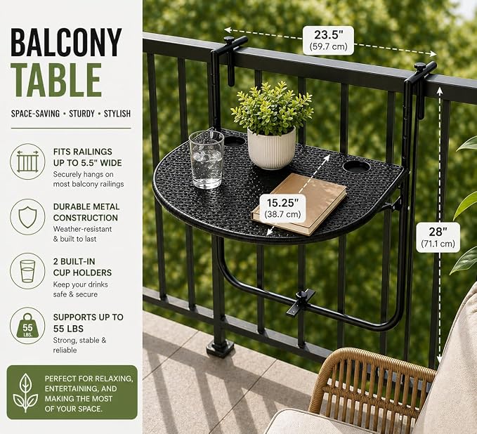 Gardenised, Indoor and Outdoor Rattan Decorative Foldable Balcony Hanging Table, Railing Bar Serving Table, Adjustable Hight 3-Level, Balcony and Garden Deck, Rust Proof (Black)
