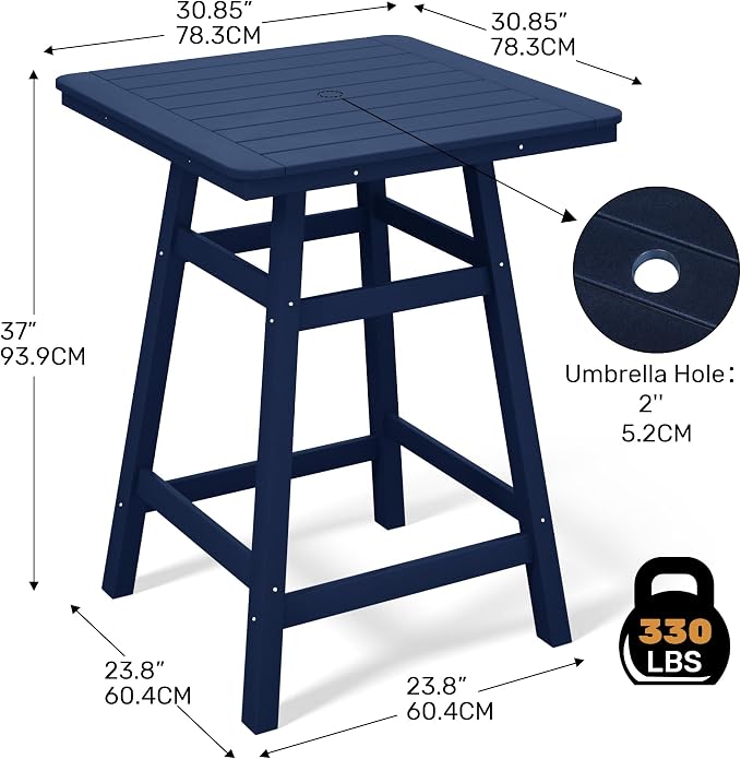 Costaelm Outdoor Bar Table, 37" Counter Height Square Patio Cocktail Bar Table with Umbrella Hole, Patio Bistro Dining Pub Table for Front Porch Deck Backyard Garden, Navy Blue