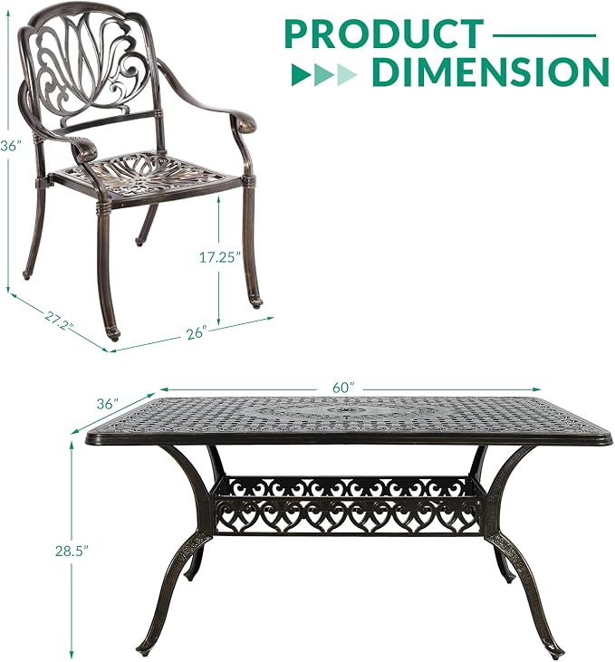 VIVIJASON 7 Pieces Cast Aluminum Outdoor Furniture Dining Set, Include 6 Chairs and a Rectangle Table with 2" Umbrella Hole, Patio Conversation Set for Lawn Garden Porch