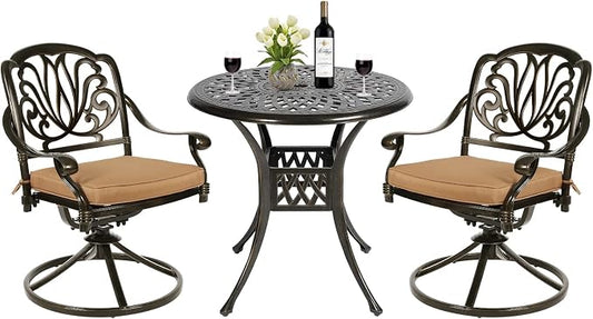 MEETWARM 3-Piece Outdoor Patio Dining Set, All-Weather Cast Aluminum Patio Conversation Set for Backyard Garden Deck with 2 Cushions Swivel Rocker Chairs and 31" Round Table, 2.2" Umbrella Hole