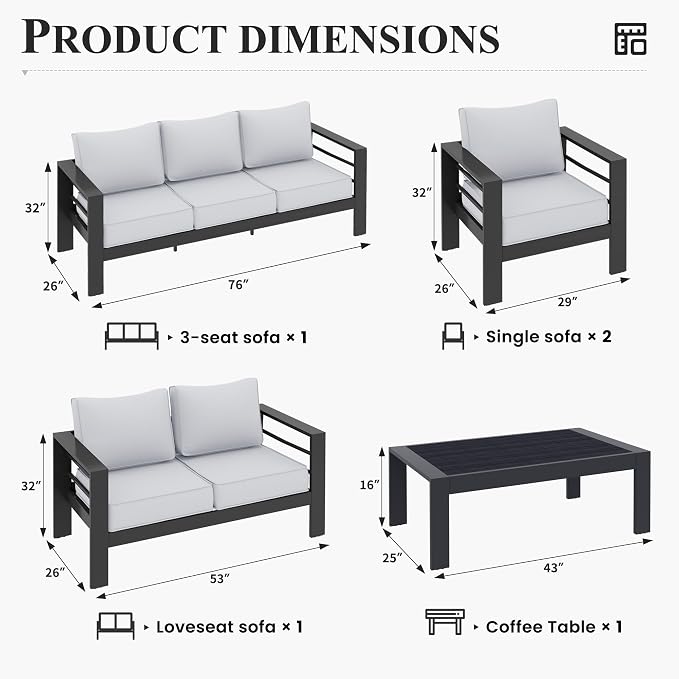 Aluminum Patio Furniture Set, 8 Piece Metal Outdoor Furniture Set, Patio Set with Waterproof Covers for Backyard Garden