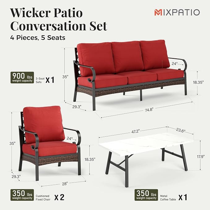 MIXPATIO Patio Furniture Set with Coffee Table, Outdoor Conversation Set with 2 x Fixed Chairs, 1 x 3-Seat Sofa for Lawn Garden Backyard, Red